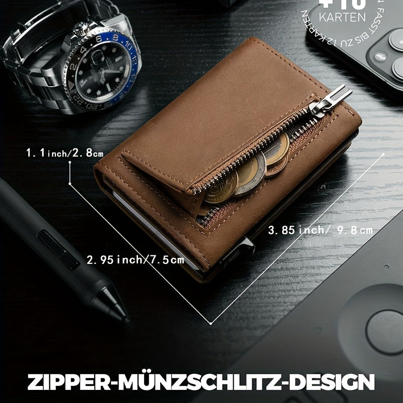 Men's Tri-Fold Wallet with Coin Zip, 9.8 x 7.5 cm