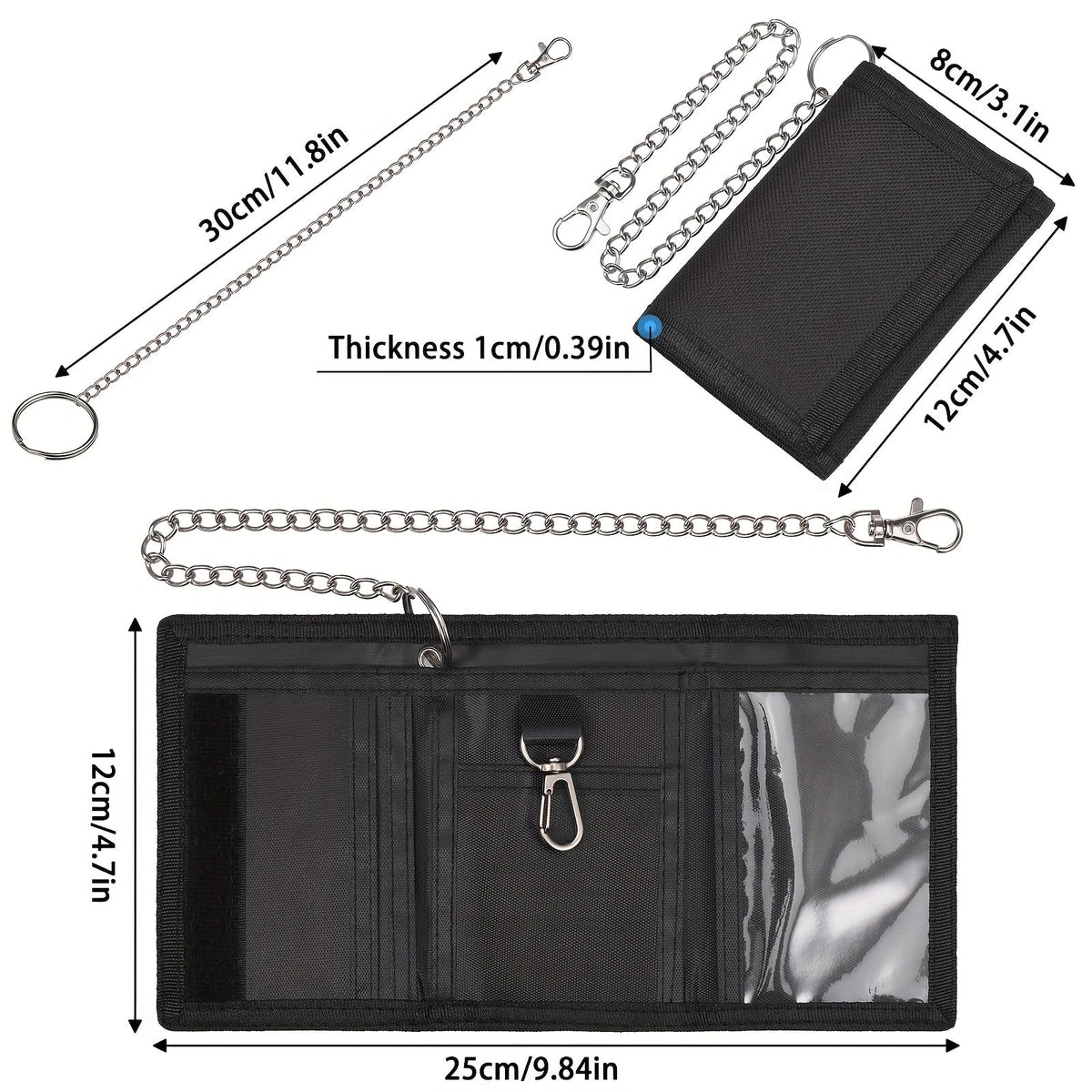 Men's 3-Fold Wallet in Fabric, 1 cm, 30 cm Chain