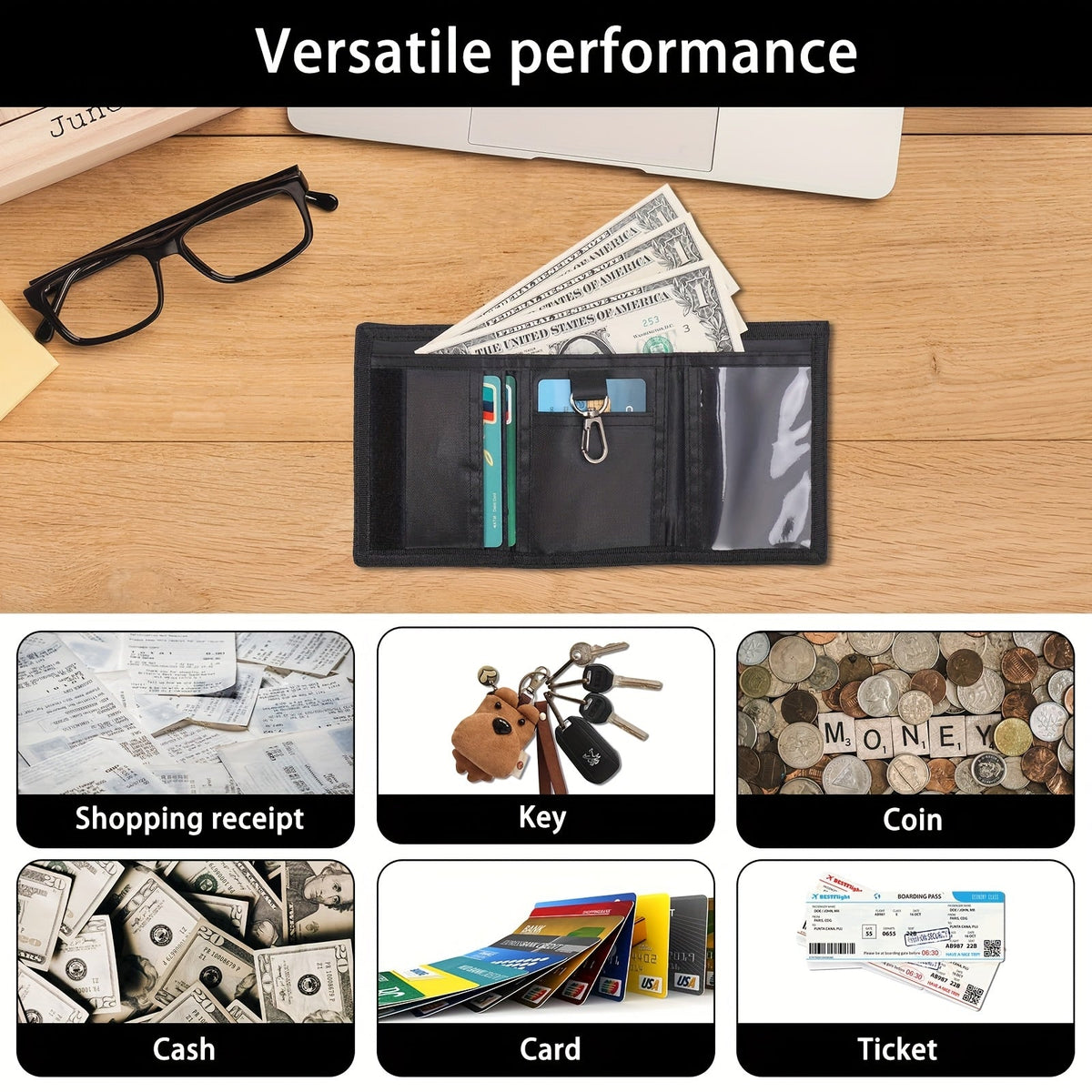 Men's 3-Fold Wallet in Fabric, 1 cm, 30 cm Chain
