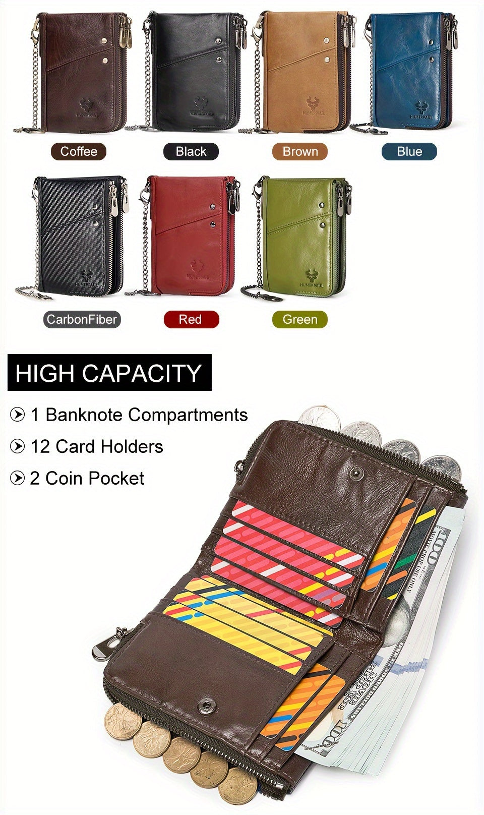 Men's Vertical Wallet, Two Zippers and Twelve Card Slots
