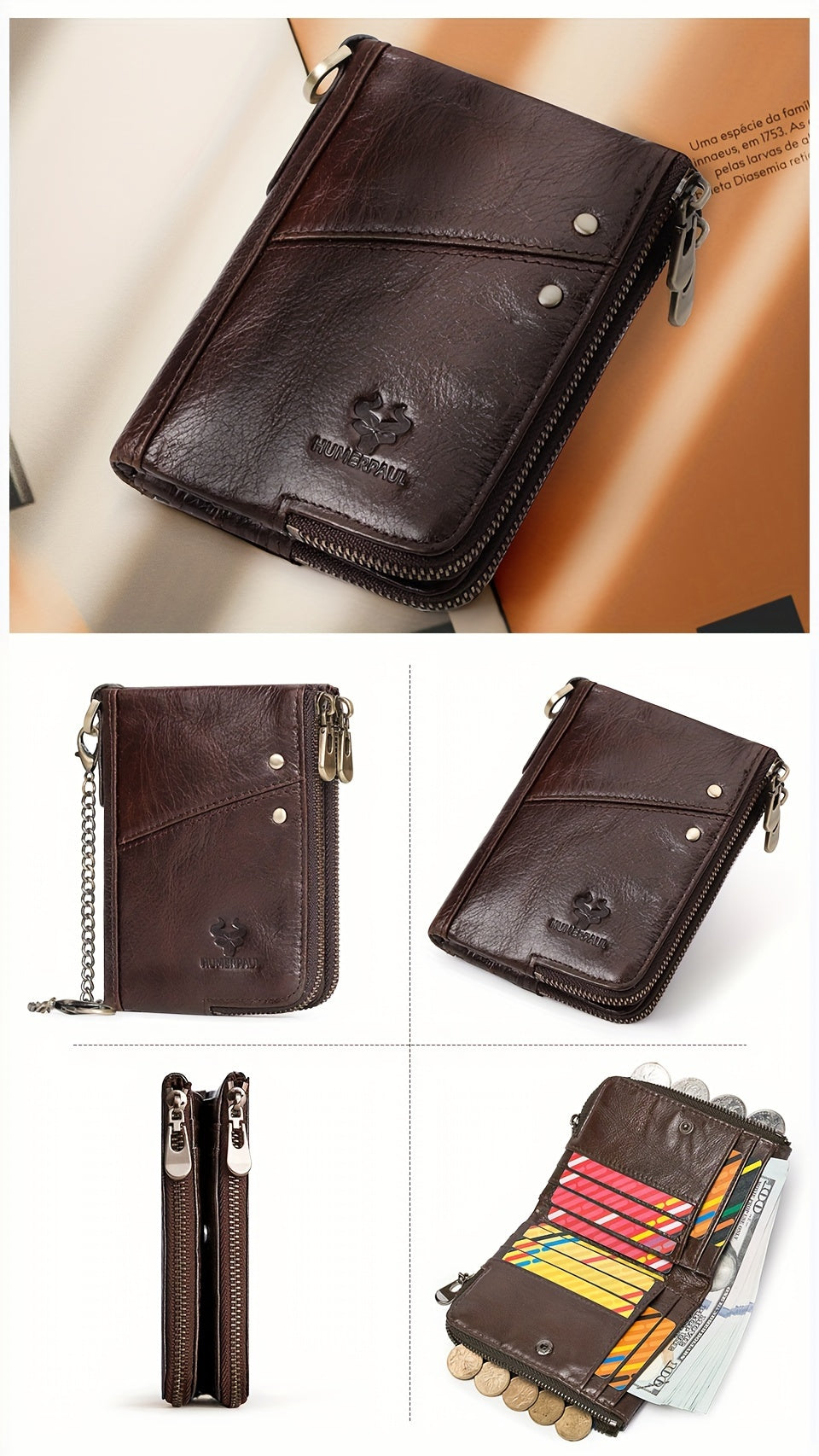 Men's Vertical Wallet, Two Zippers and Twelve Card Slots