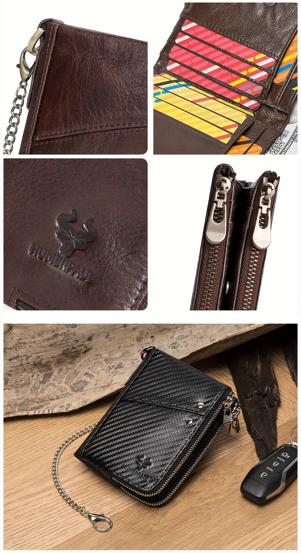 Men's Vertical Wallet, Two Zippers and Twelve Card Slots