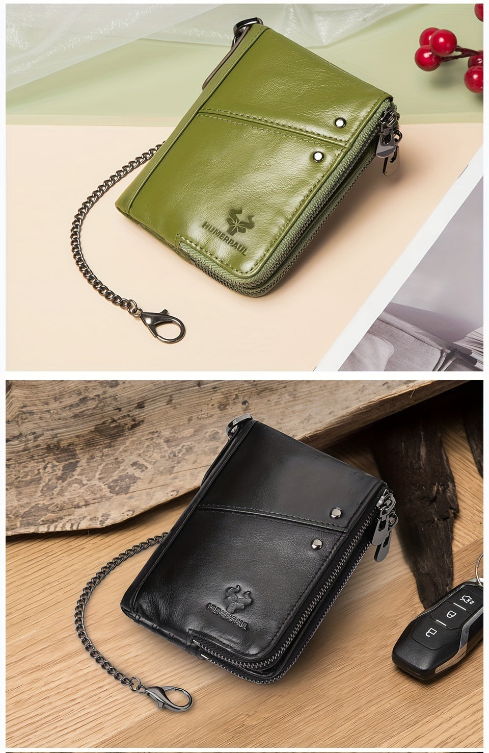 Men's Vertical Wallet, Two Zippers and Twelve Card Slots