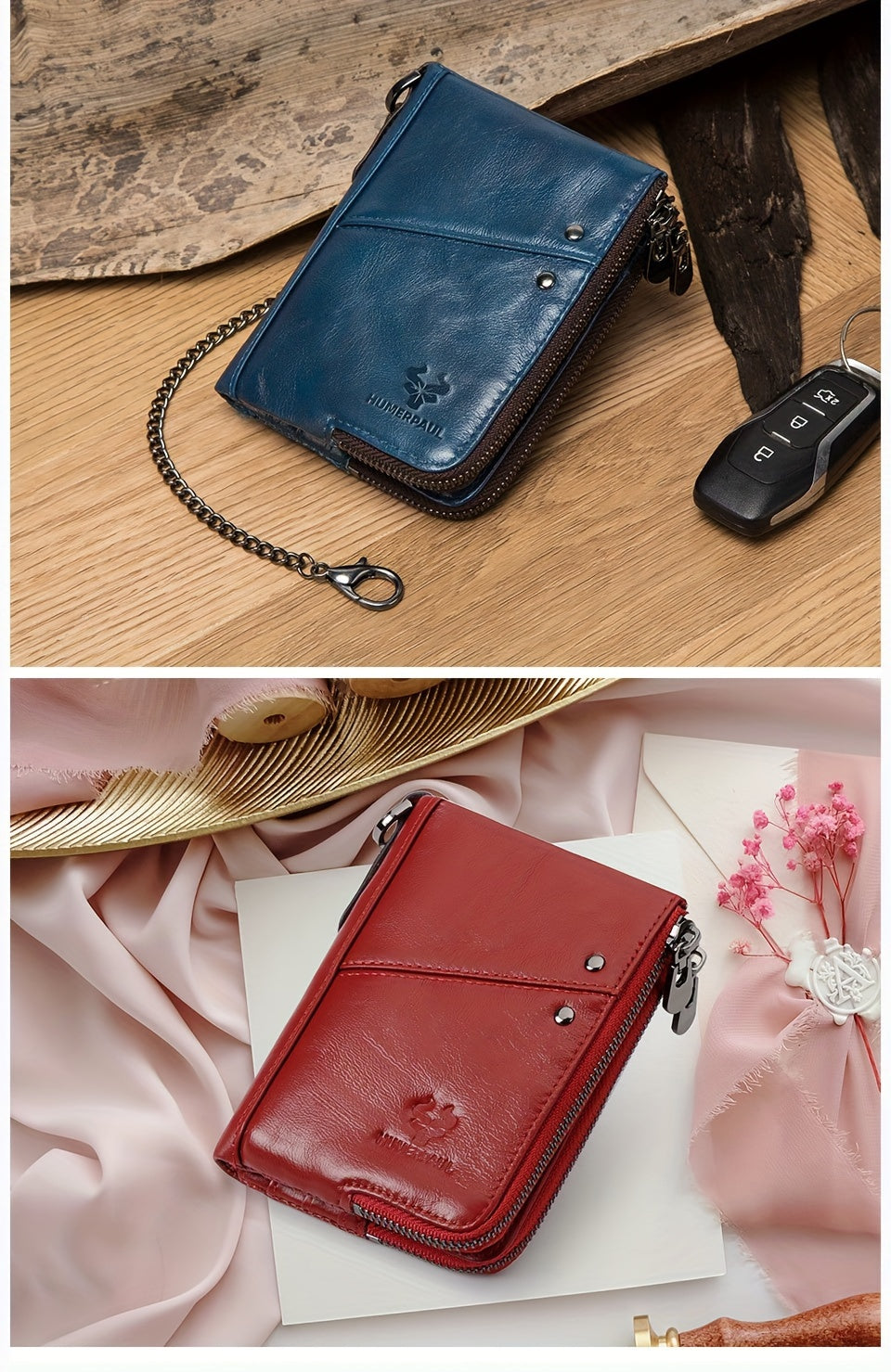 Men's Vertical Wallet, Two Zippers and Twelve Card Slots
