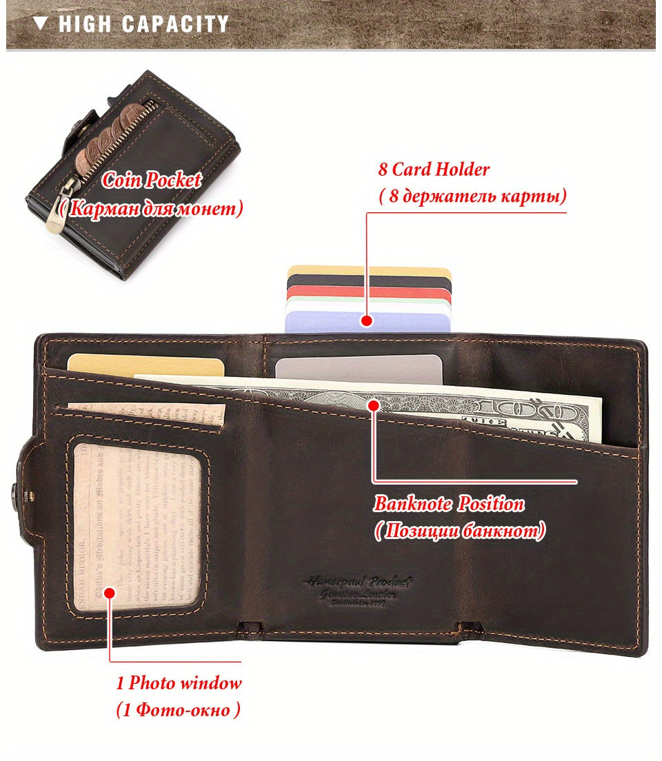 Men's Crazy Horse Leather Wallet, Metal Charger, 142 g