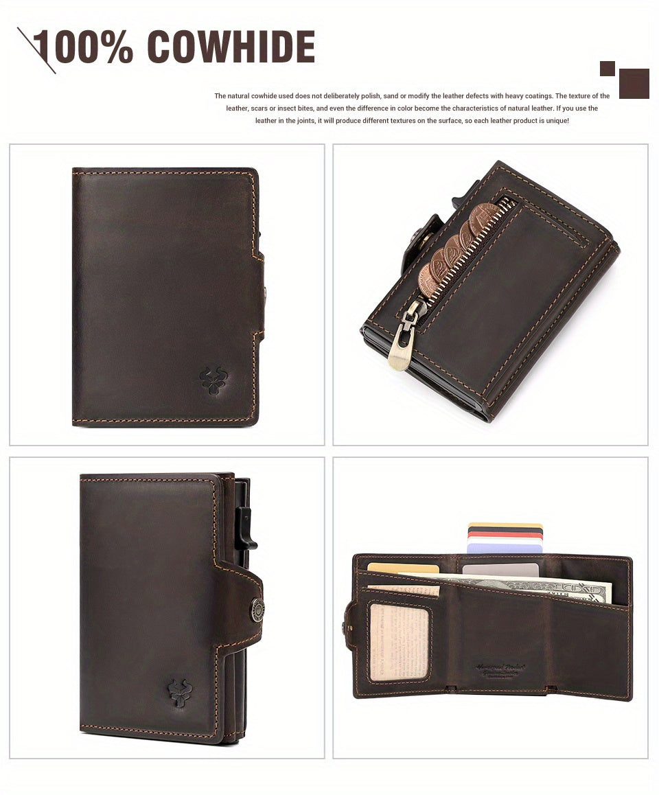 Men's Crazy Horse Leather Wallet, Metal Charger, 142 g