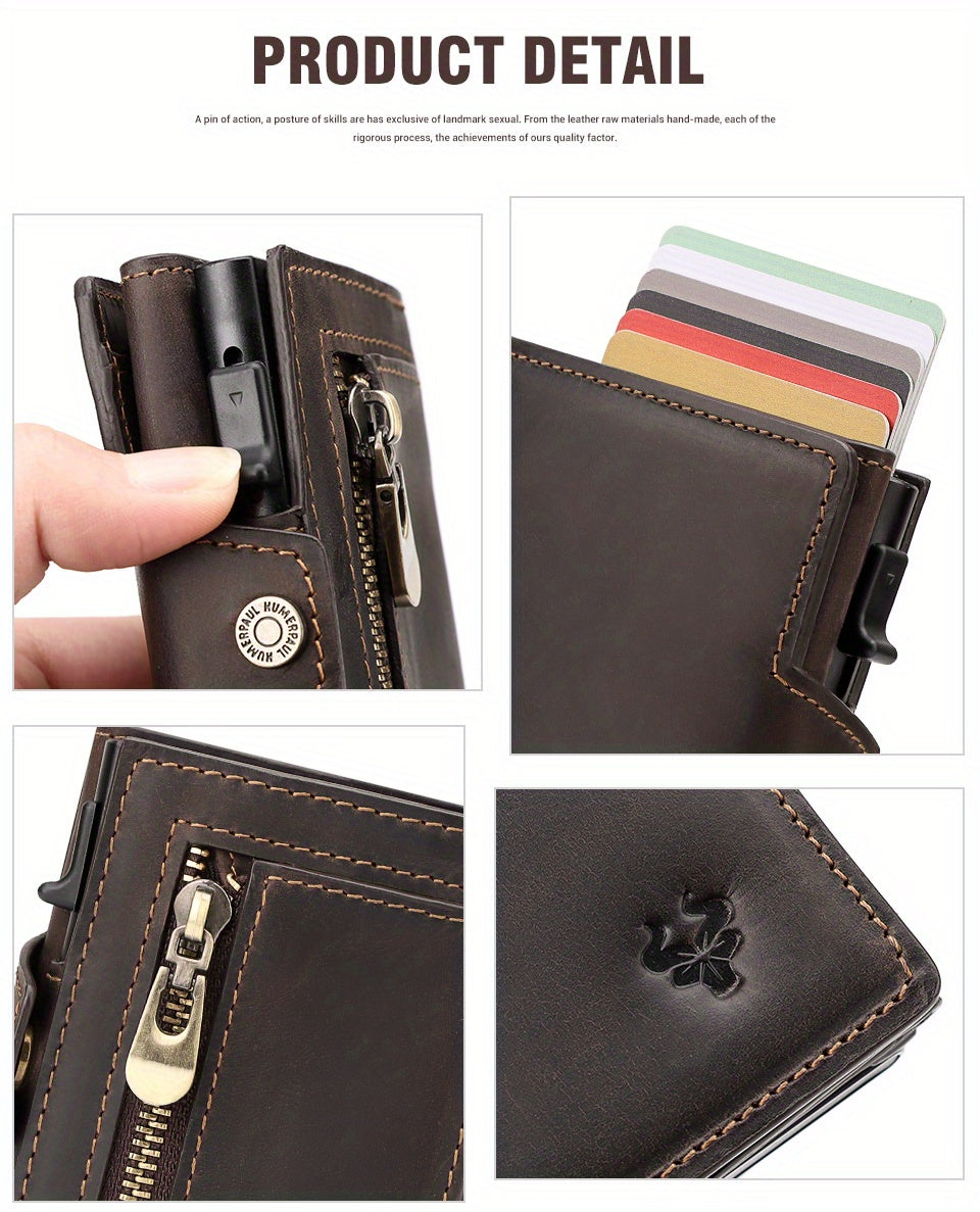 Men's Crazy Horse Leather Wallet, Metal Charger, 142 g