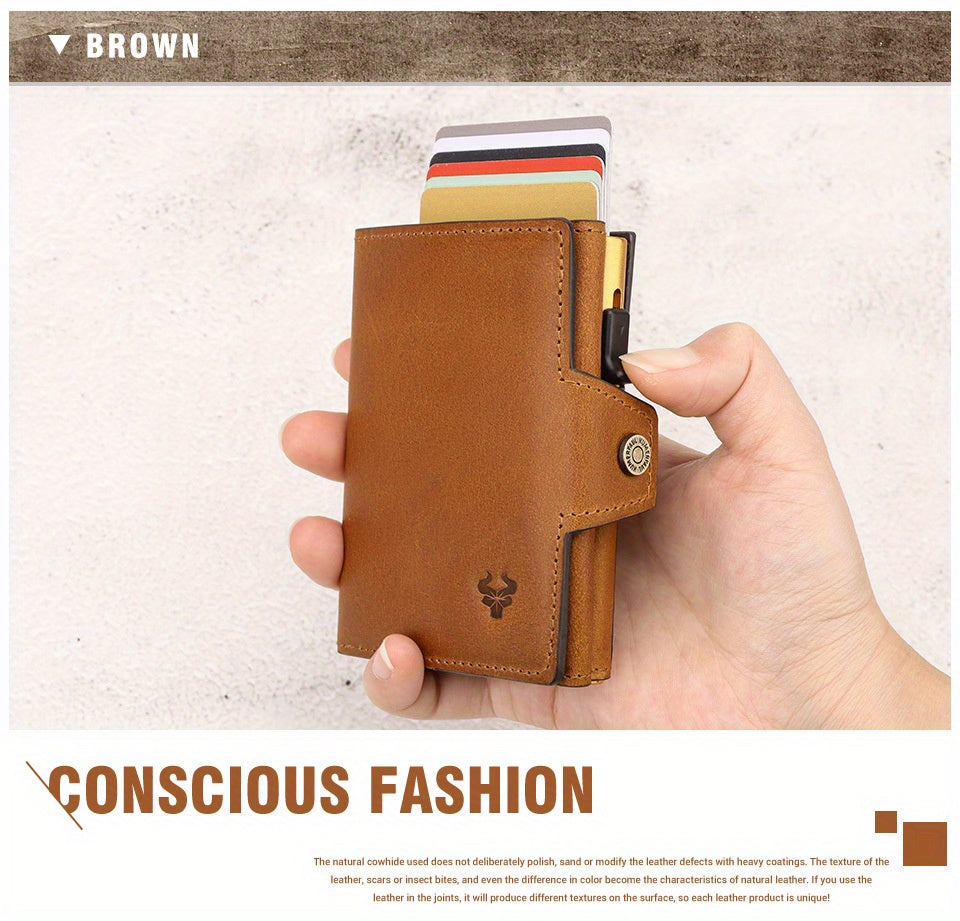 Men's Crazy Horse Leather Wallet, Metal Charger, 142 g