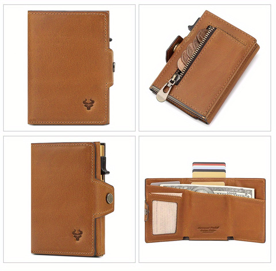 Men's Crazy Horse Leather Wallet, Metal Charger, 142 g