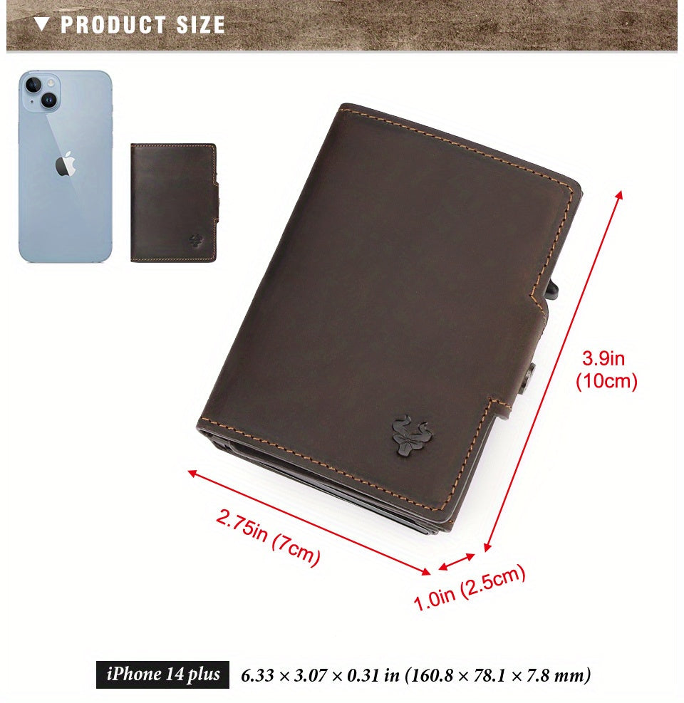 Men's Crazy Horse Leather Wallet, Metal Charger, 142 g