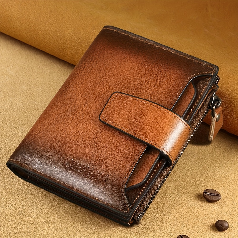 Men's Vertical Cowhide Leather Wallet with Removable Windows