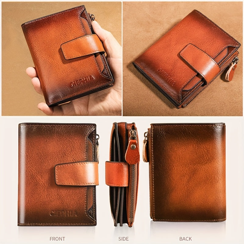 Men's Vertical Cowhide Leather Wallet with Removable Windows