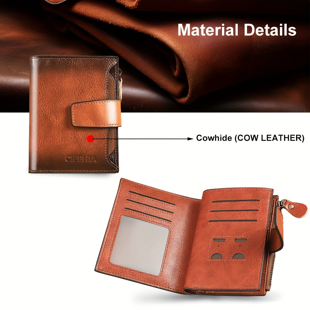 Men's Vertical Cowhide Leather Wallet with Removable Windows