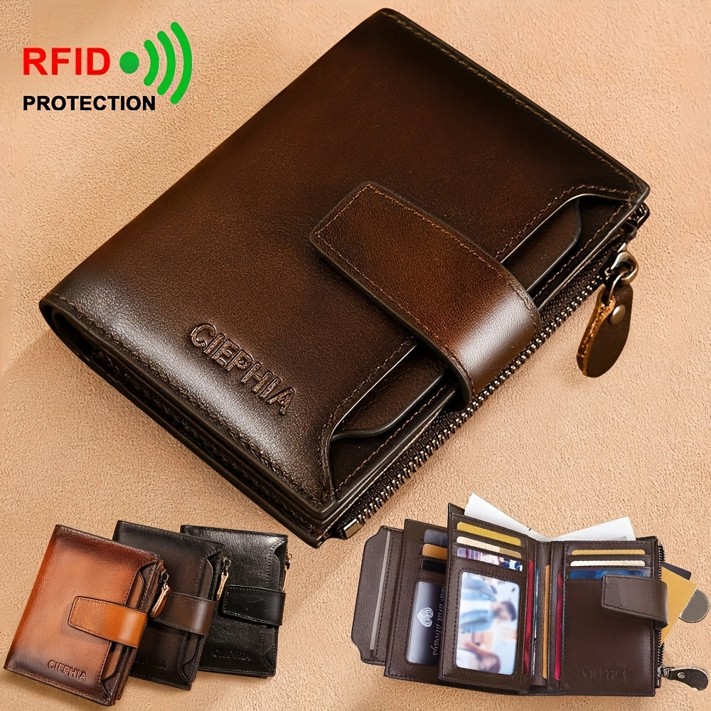 Men's Vertical Cowhide Leather Wallet with Removable Windows