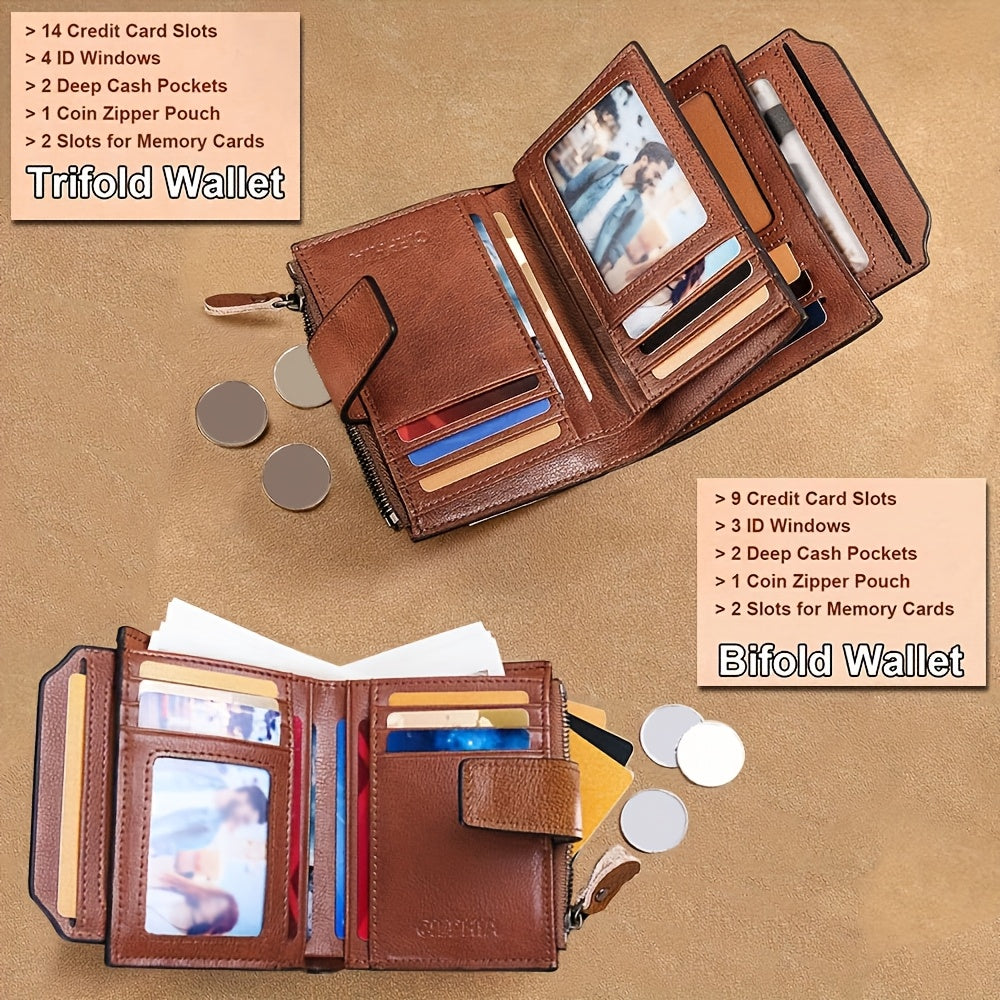 Men's Vertical Cowhide Leather Wallet with Removable Windows