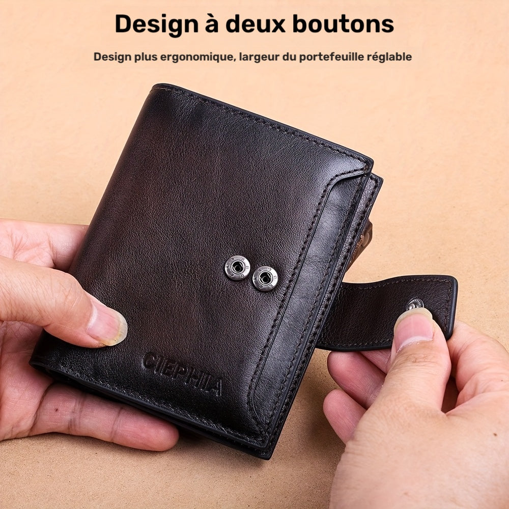 Men's Vertical Cowhide Leather Wallet with Removable Windows