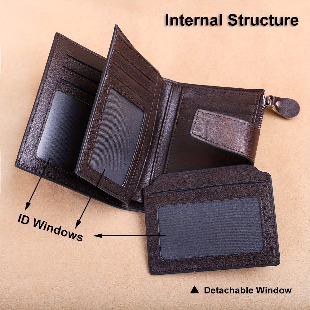 Men's Vertical Cowhide Leather Wallet with Removable Windows