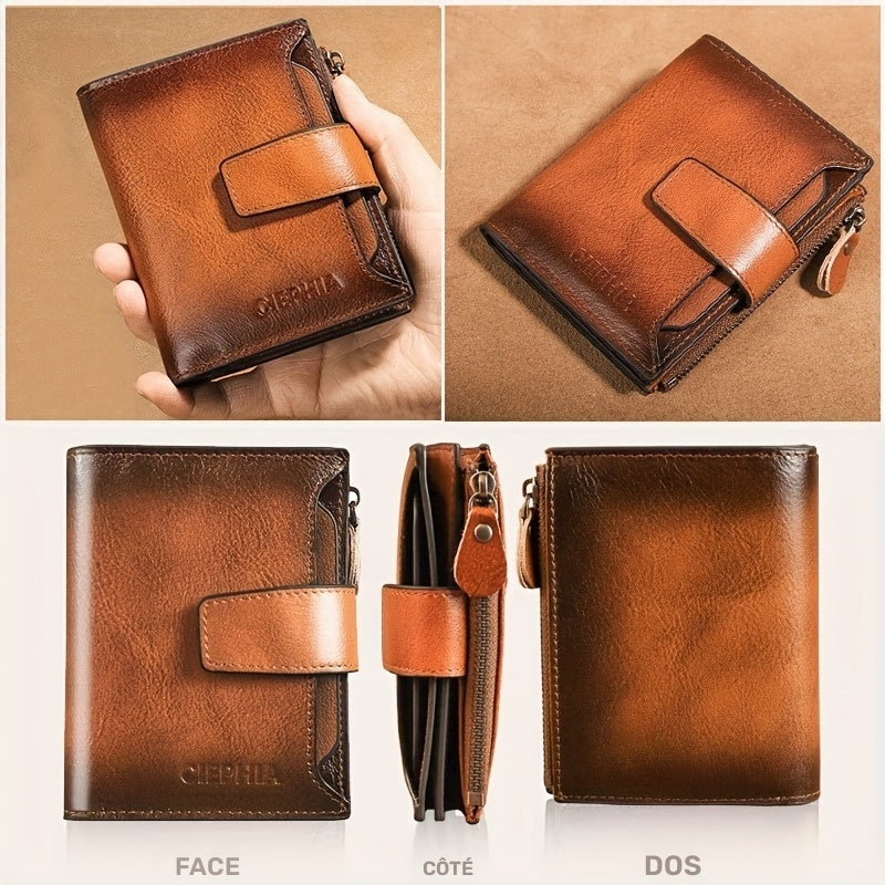 Men's Vertical Cowhide Leather Wallet with Removable Windows
