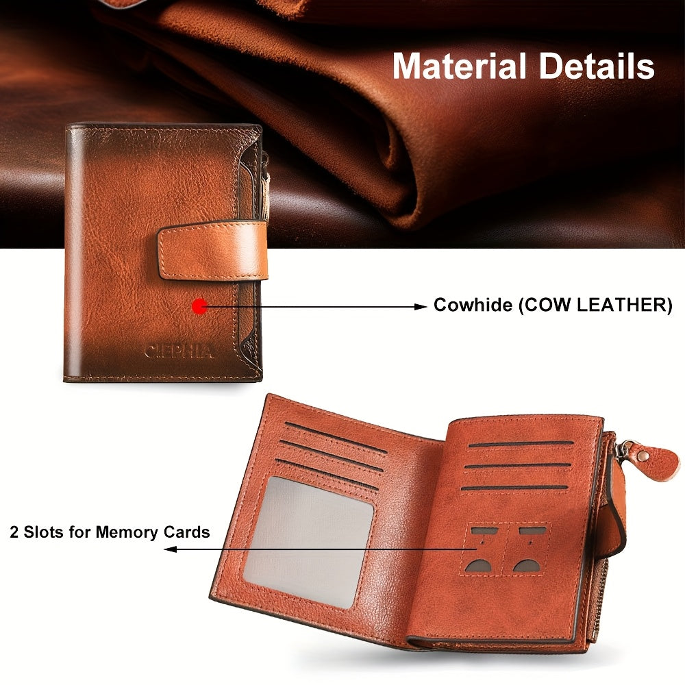 Men's Vertical Cowhide Leather Wallet with Removable Windows