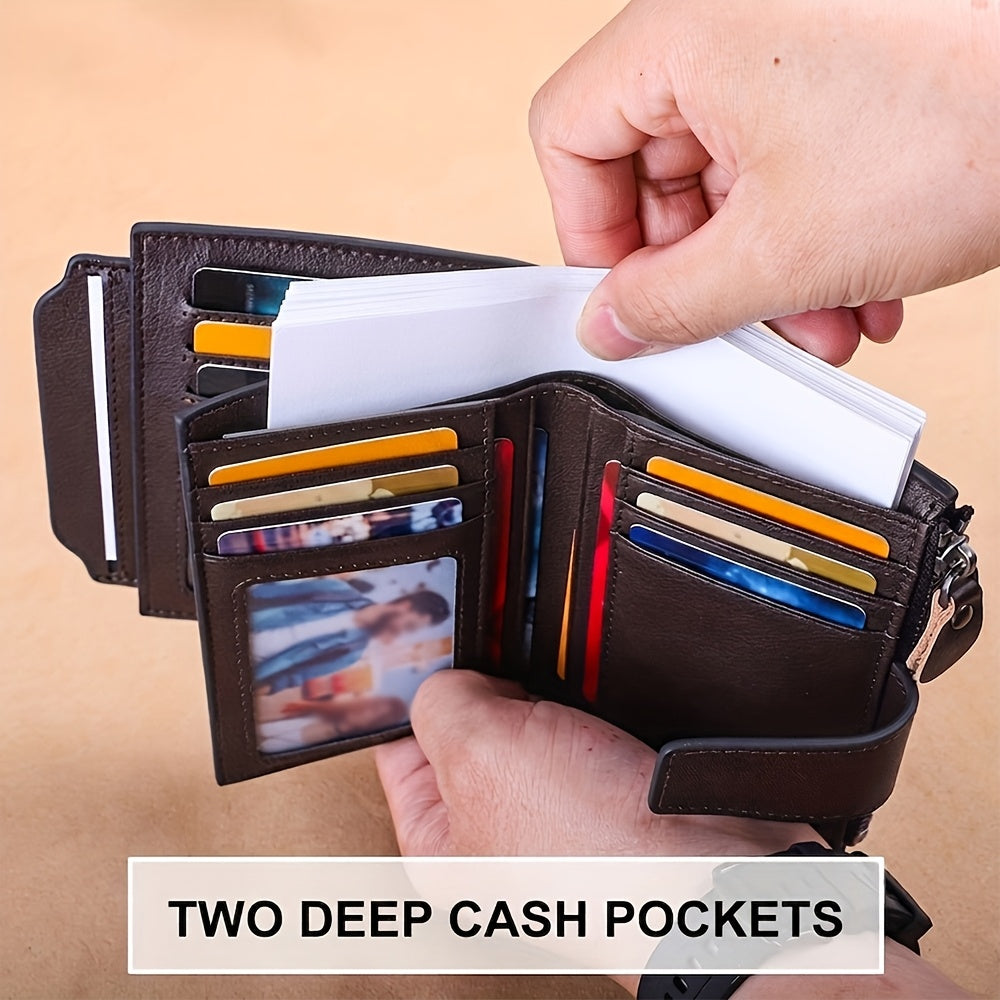 Men's Vertical Cowhide Leather Wallet with Removable Windows