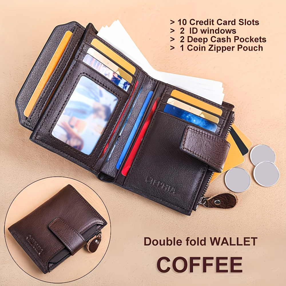 Men's Vertical Cowhide Leather Wallet with Removable Windows