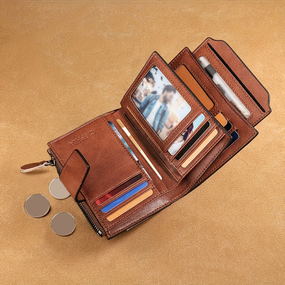 Men's Vertical Cowhide Leather Wallet with Removable Windows