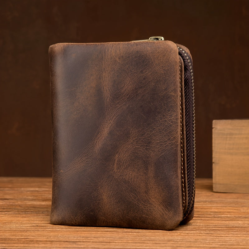 Men's Vertical Crazy Horse Wallet with Detachable Coin Purse