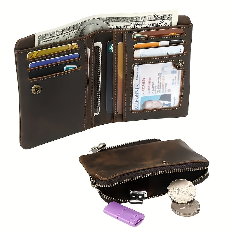 Men's Vertical Crazy Horse Wallet with Detachable Coin Purse