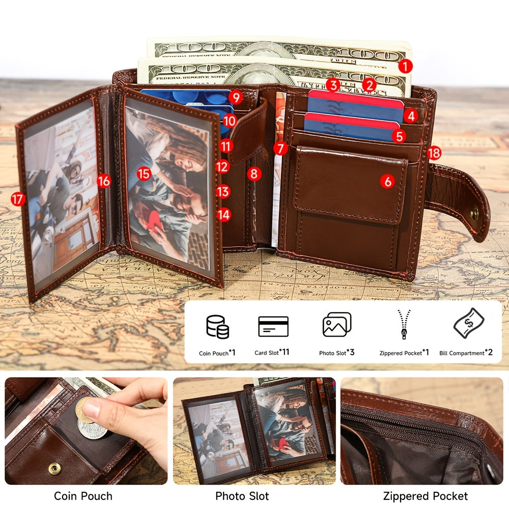Men's Vertical Leather Wallet, 11 Cards and 3 Photos
