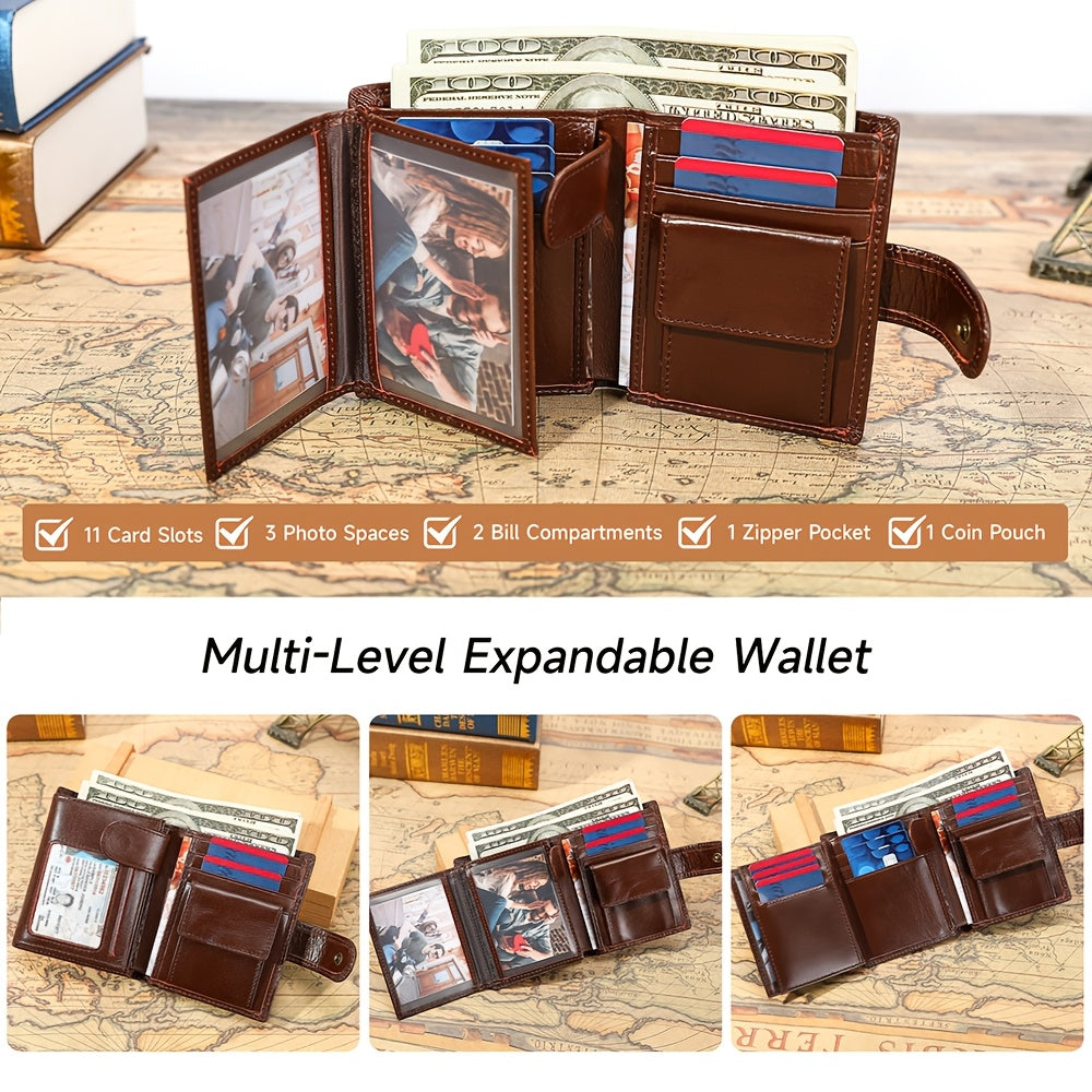 Men's Vertical Leather Wallet, 11 Cards and 3 Photos