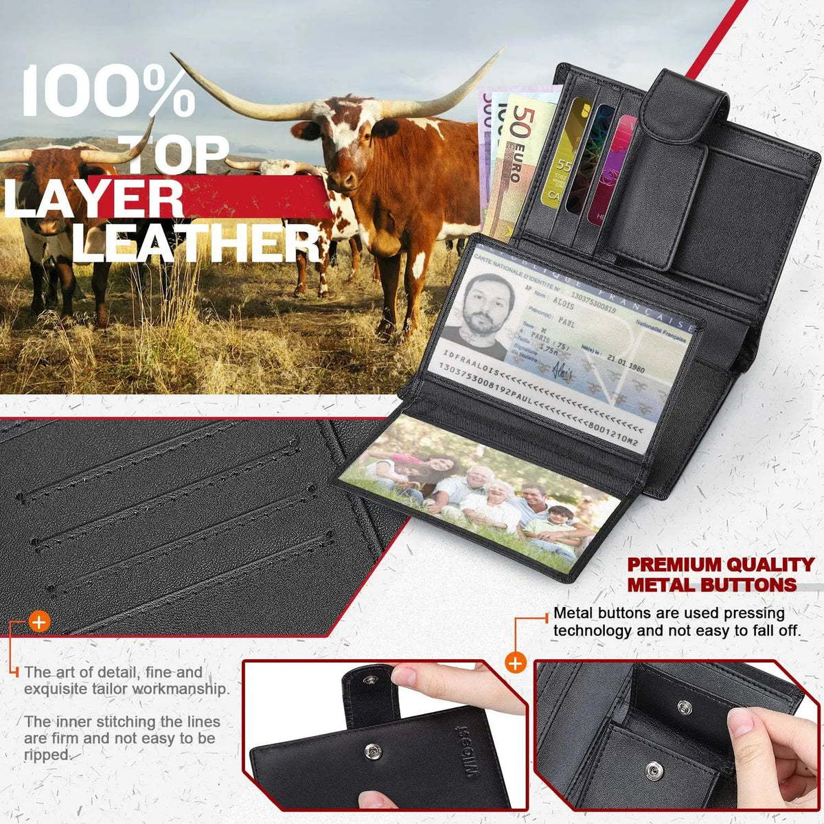 Men's Vertical Cowhide Wallet, 11 Slots