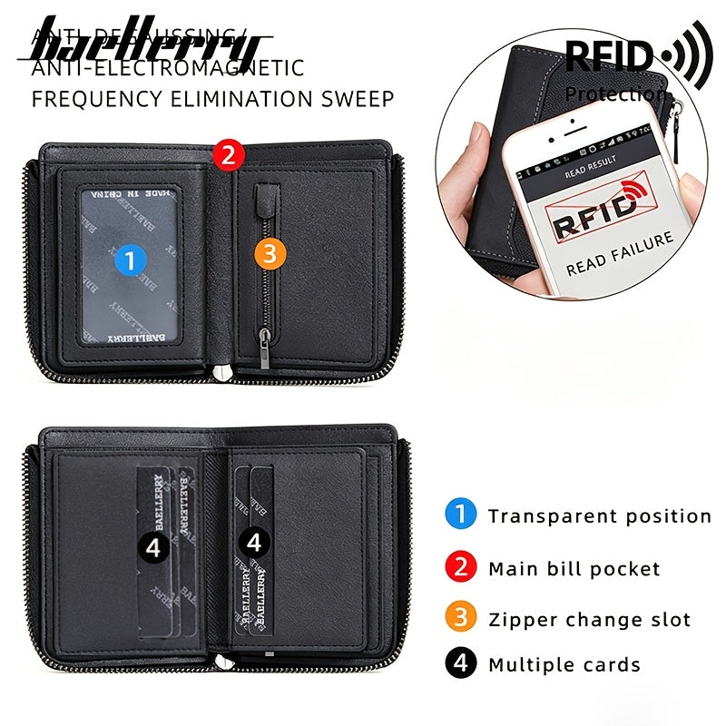 Men's Vertical Zippered Anti-RFID Wallet with Coin Pocket