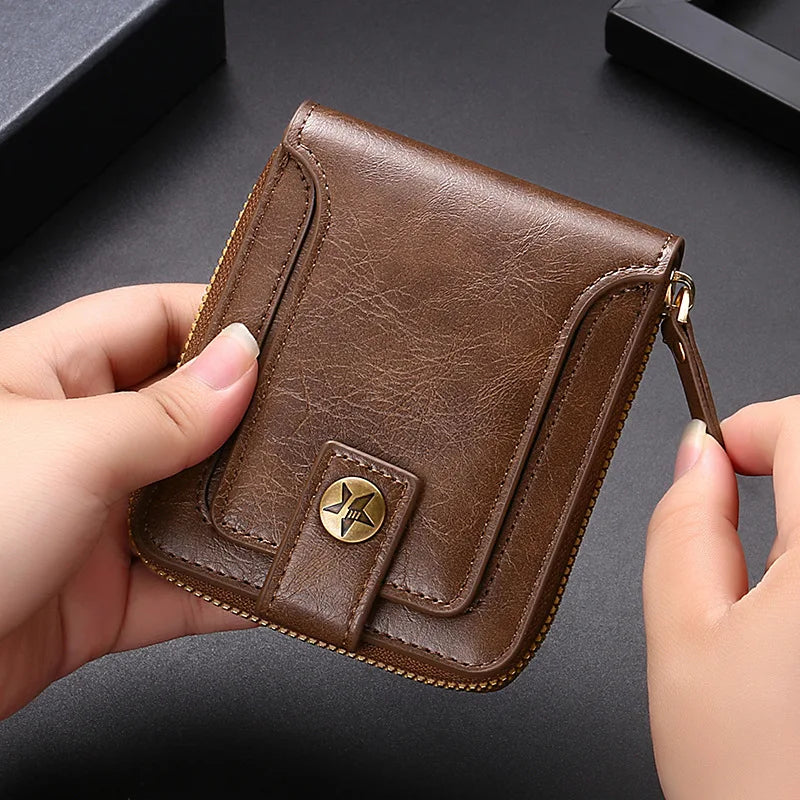 Men's Vintage PU Leather Wallet with Zipper and Snap Closure