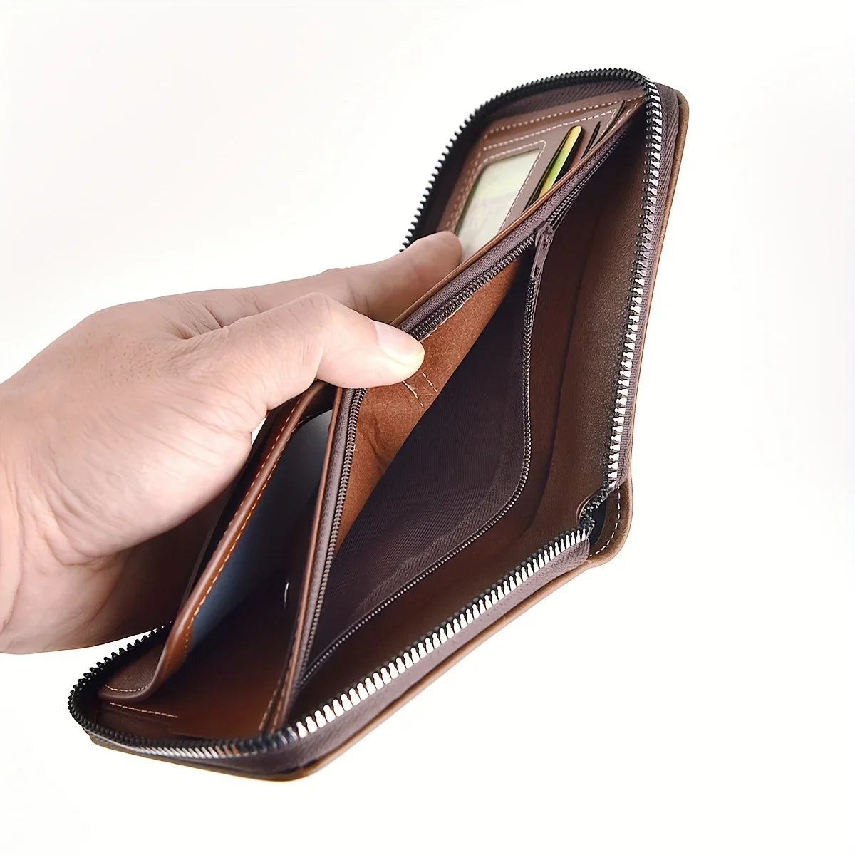 Men's Vintage PU Leather Wallet with Full Zip Closure