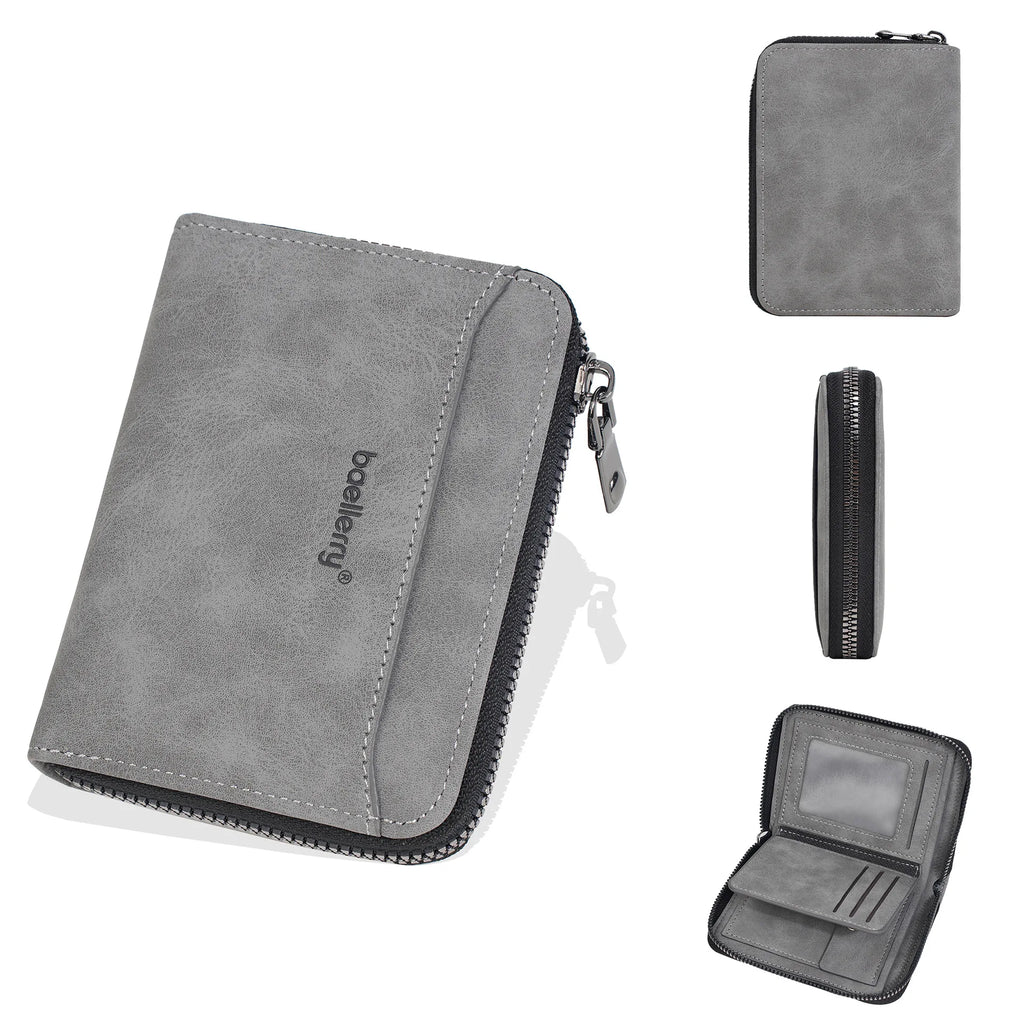 Compact Men's Wallet in Suede Effect PU Leather with Zip and Multifunction Card Holder