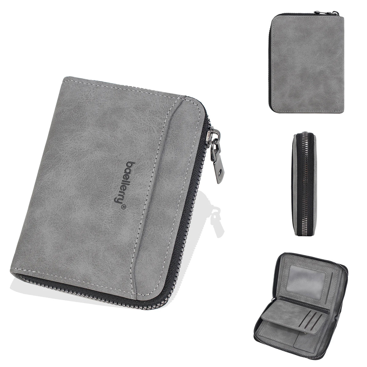Compact Men's Wallet in Suede Effect PU Leather with Zip and Multifunction Card Holder