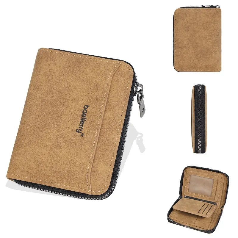 Compact Men's Wallet in Suede Effect PU Leather with Zip and Multifunction Card Holder