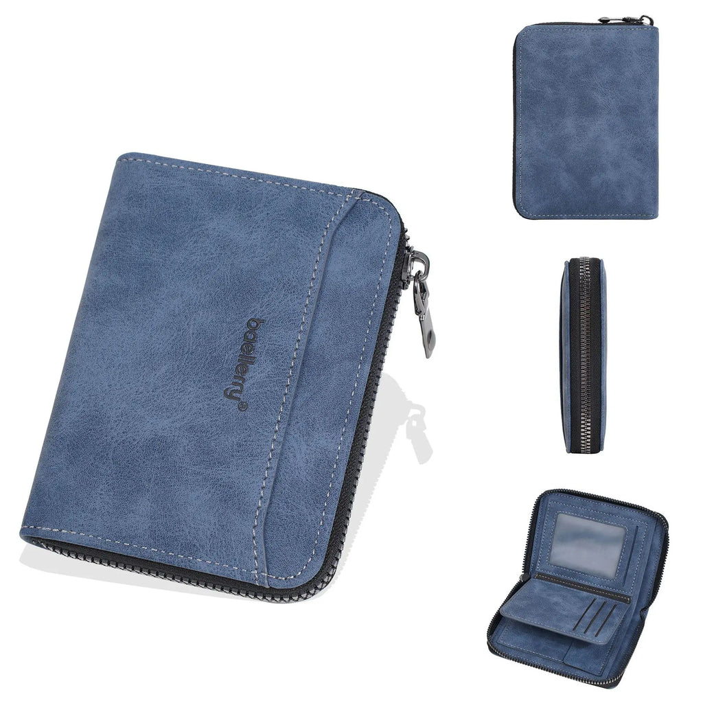 Compact Men's Wallet in Suede Effect PU Leather with Zip and Multifunction Card Holder