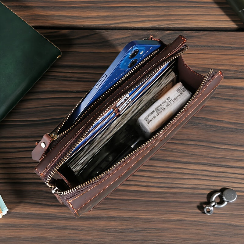 Men's Long Zippered Wallet in Crazy Horse Leather, 20.5 cm