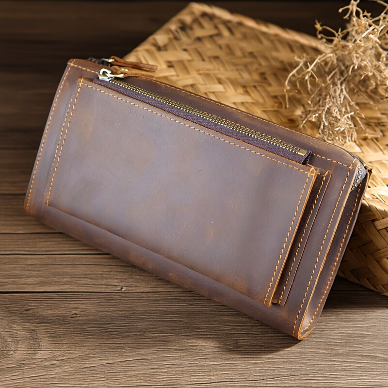 Men's Long Zippered Wallet in Crazy Horse Leather, 20.5 cm