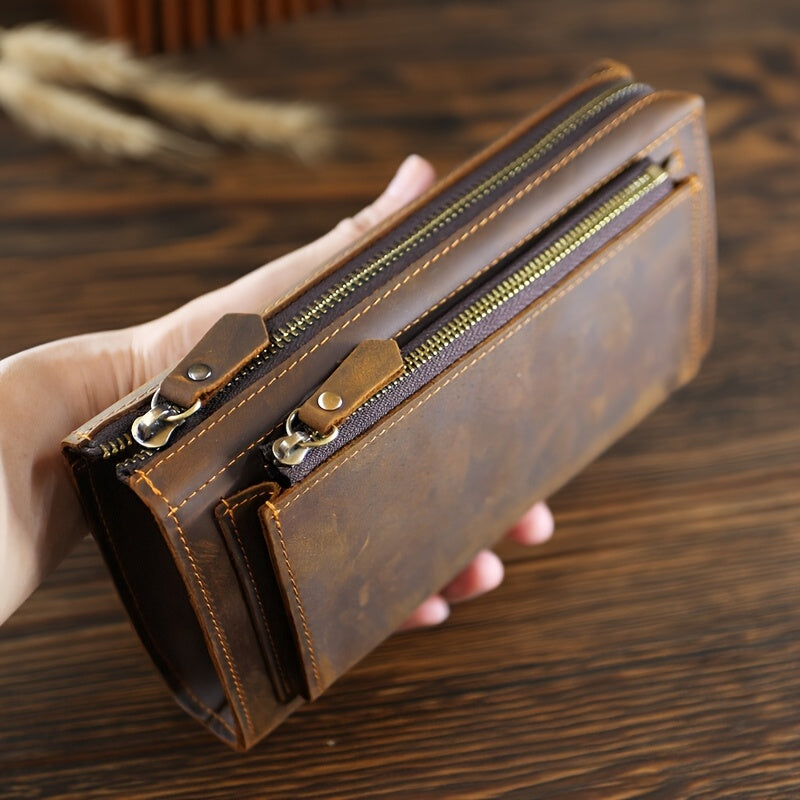 Men's Long Zippered Wallet in Crazy Horse Leather, 20.5 cm