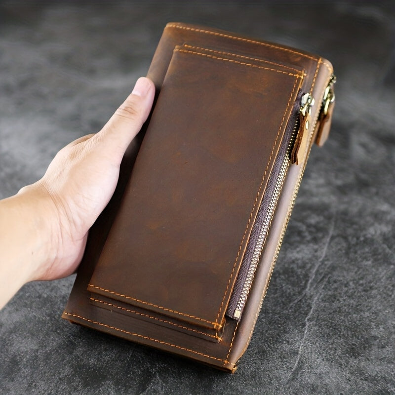Men's Long Zippered Wallet in Crazy Horse Leather, 20.5 cm