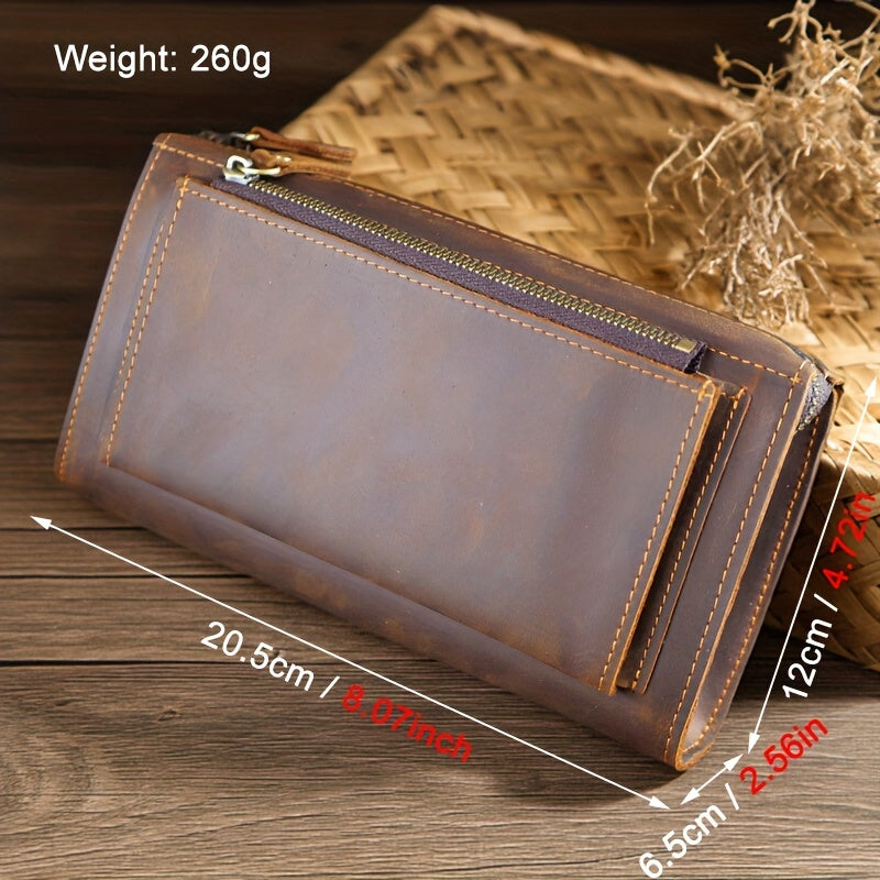 Men's Long Zippered Wallet in Crazy Horse Leather, 20.5 cm