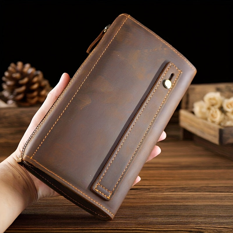 Men's Long Zippered Wallet in Crazy Horse Leather, 20.5 cm