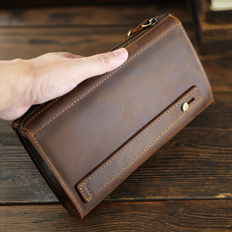 Men's Long Zippered Wallet in Crazy Horse Leather, 20.5 cm
