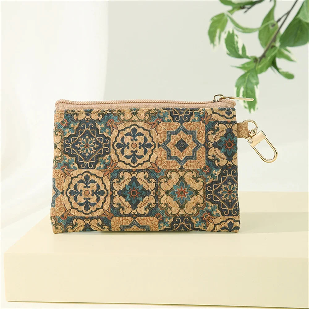Unisex Compact Natural Cork Wallet with Coin Purse and Chain