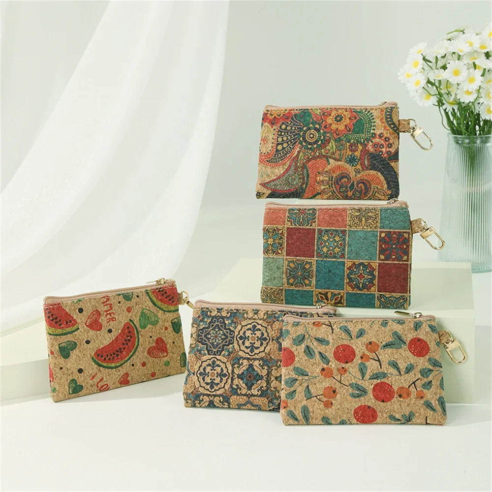 Unisex Compact Natural Cork Wallet with Coin Purse and Chain
