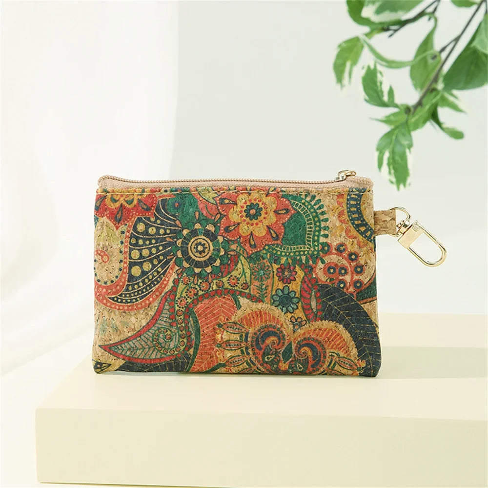 Unisex Compact Natural Cork Wallet with Coin Purse and Chain