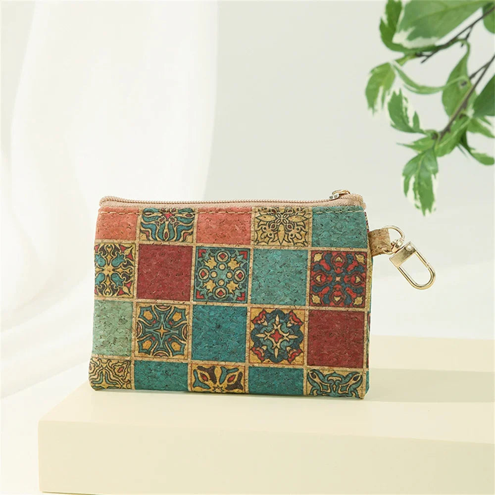 Unisex Compact Natural Cork Wallet with Coin Purse and Chain
