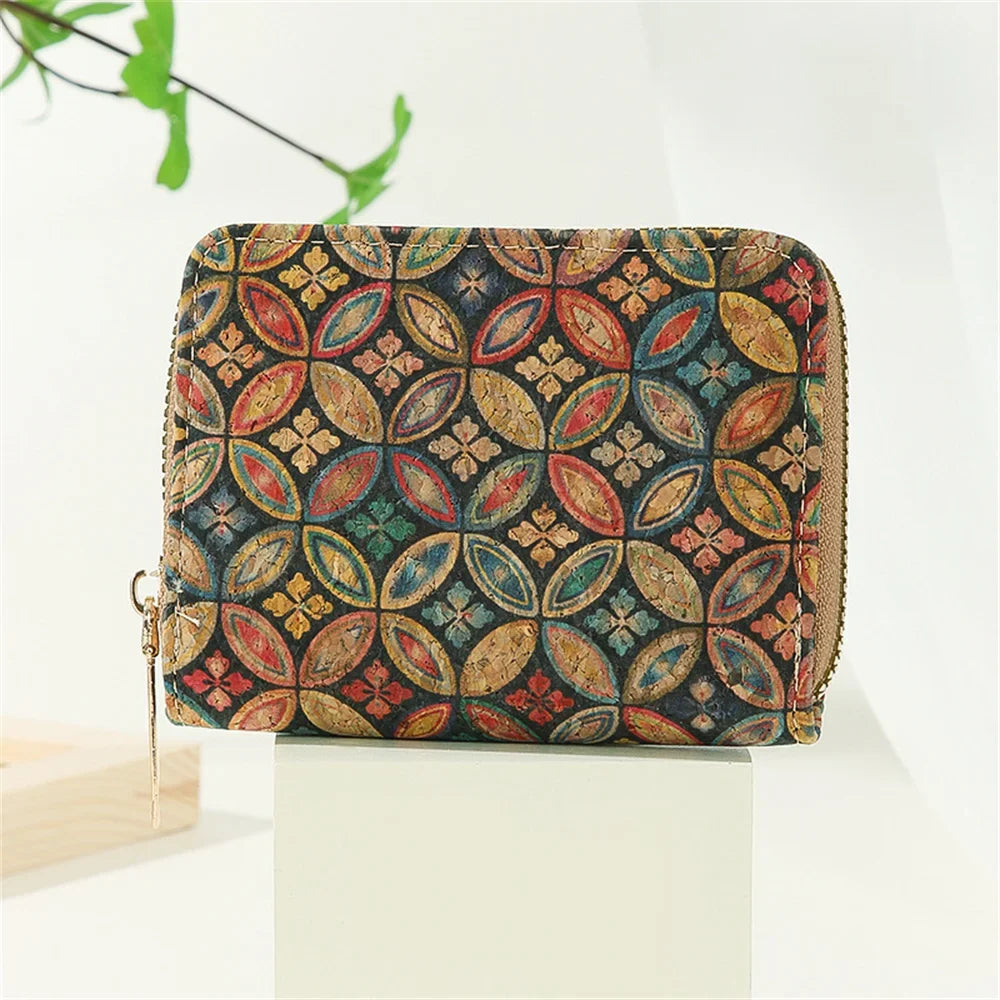 Compact Vintage Printed Cork Wallet with Snap Button and Unisex Coin Purse